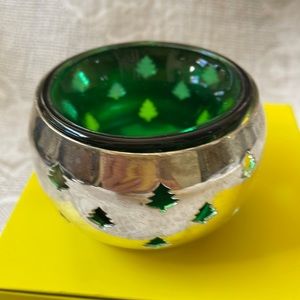 Godinger silverplate Christmas pine tree pierced green glass liner votive holder